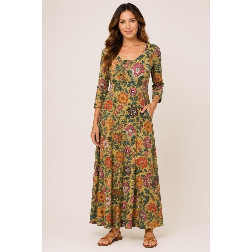 Natural Life Boho Cottagecore Floral Maxi Dress Yellow 3/4 Sleeve Womens L